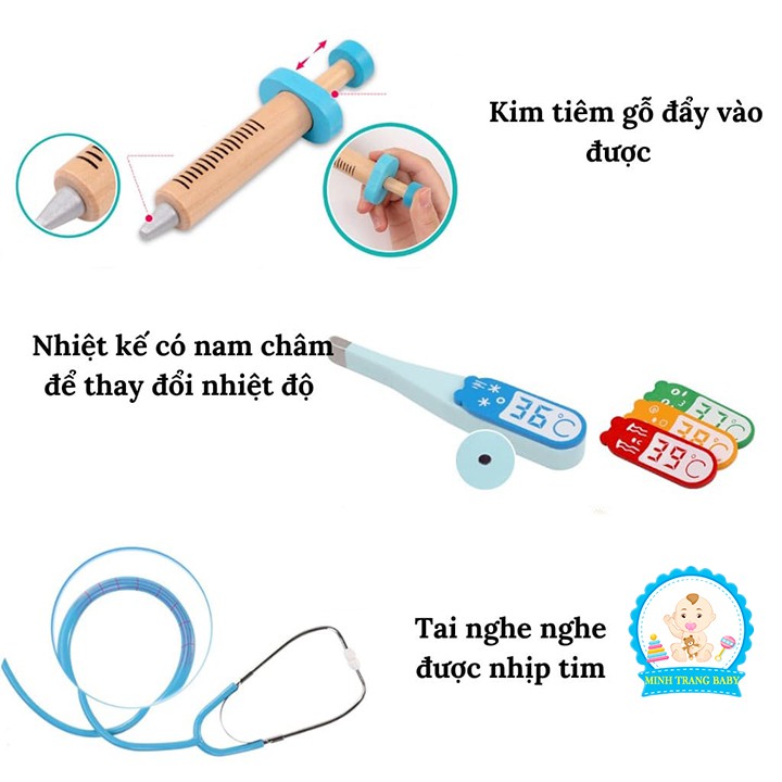 Đồ chơi bác sĩ cho bé 20 chi tiết, đồ chơi dụng cụ y tế nha khoa bằng gỗ cao cấp - Minh Trang Baby