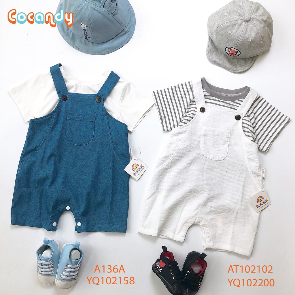 [Cocandy Official Store] Yếm quần chất liệu đũi màu trắng, áo thun kẻ cho bé