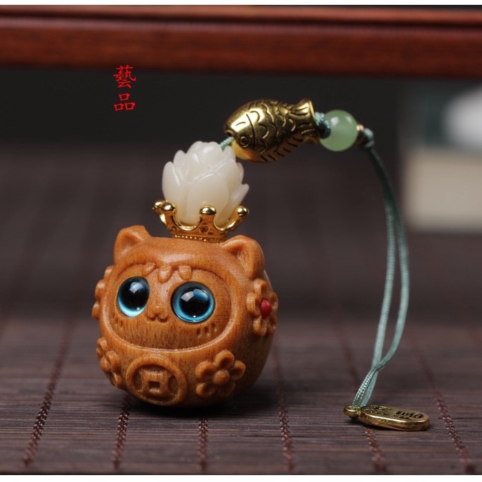 Móc Khóa Điện Thoại Di Động Mặt Gỗ Đàn Hương Hình Mèo May Mắn Dễ Thương