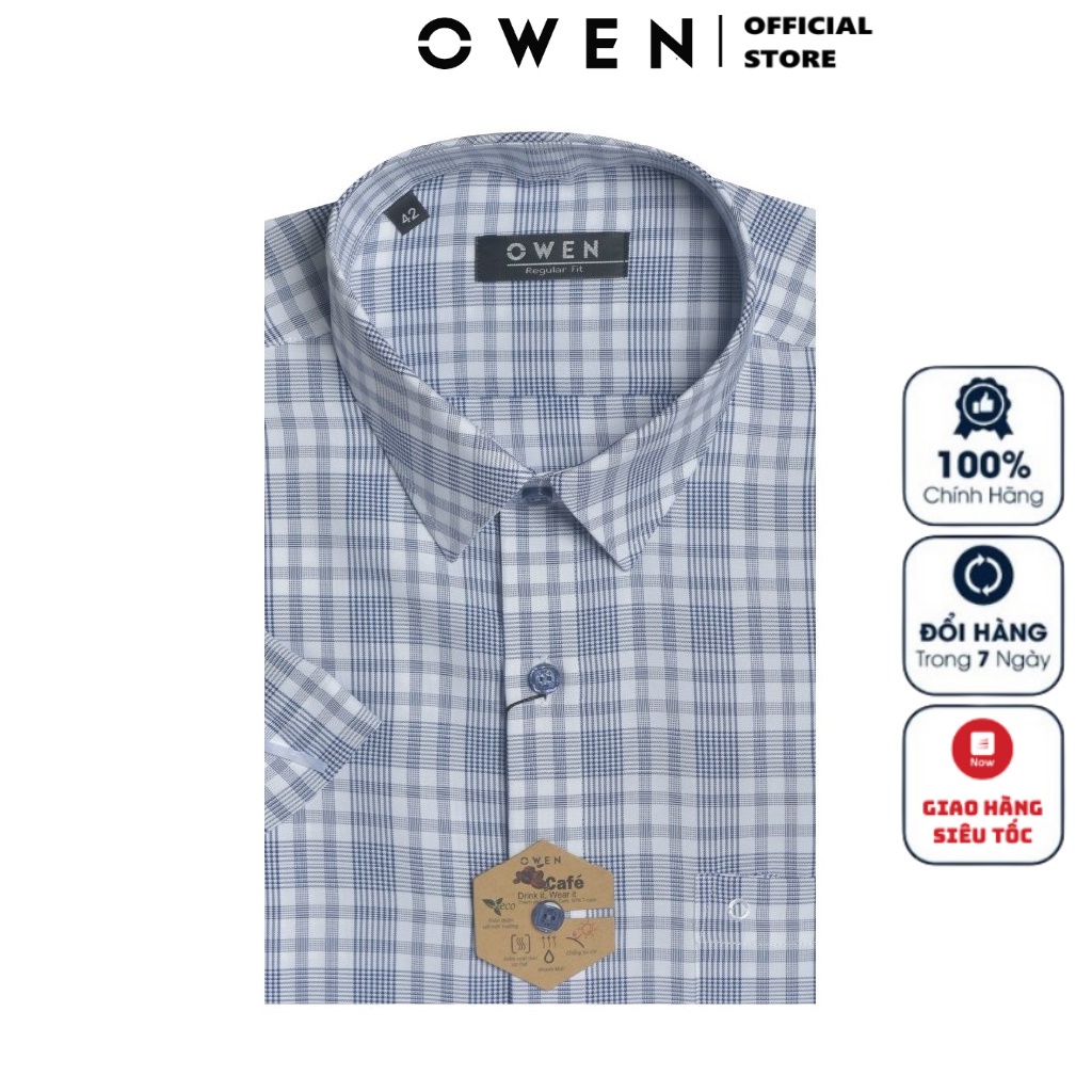 Áo Sơ Mi Nam Ngắn Tay OWEN AR220103NT Somi Công Sở Cao Cấp Màu Trắng Kẻ Caro Xanh Vải Sợi Café Dáng Suông Tà Lượn Có Túi