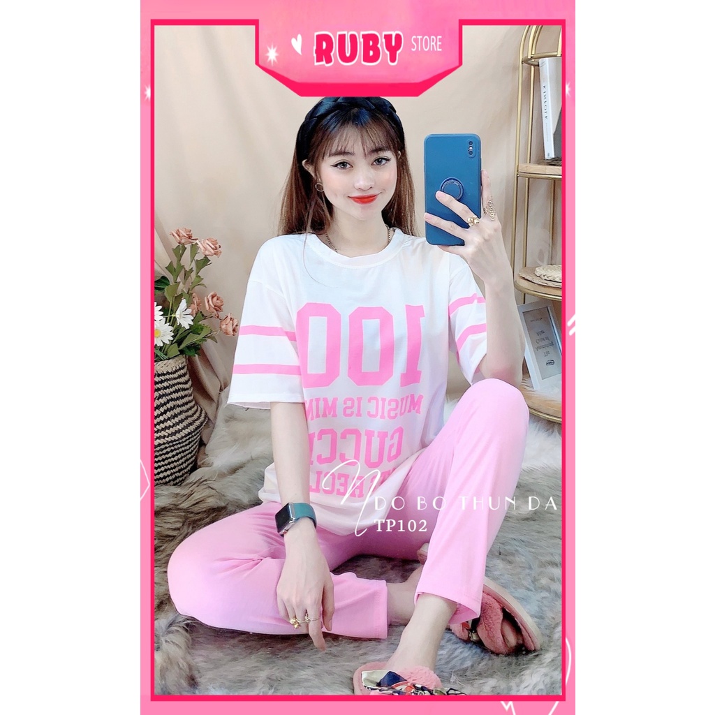 Đồ bộ thun dài cho nữ mặc nhà chất vải mềm mịn mát co giãn in họa tiết chữ dễ thương TP102