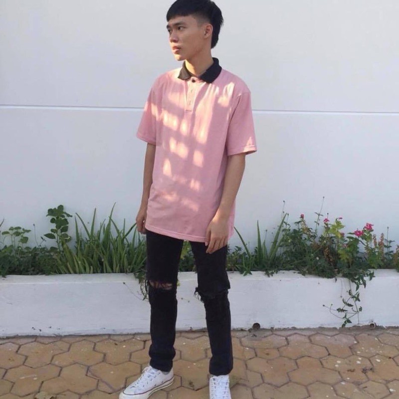 Áo thun POLO Hồng cổ đen _ Pink solo shirt black collar unisex