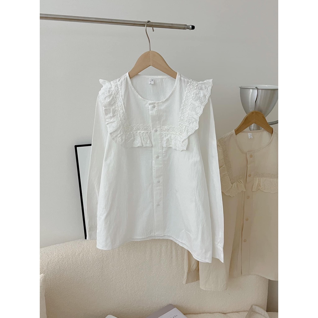 [Ảnh thật/Sẵn] Áo sơ mi babydoll viền ren ngực vuông cài cúc ulzzang