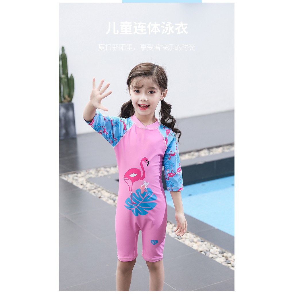Đồ bơi bé gái 2-7 tuổi liền thân kèm mũ hình ngộ nghĩnh, Bộ bơi cho bé vải co giãn