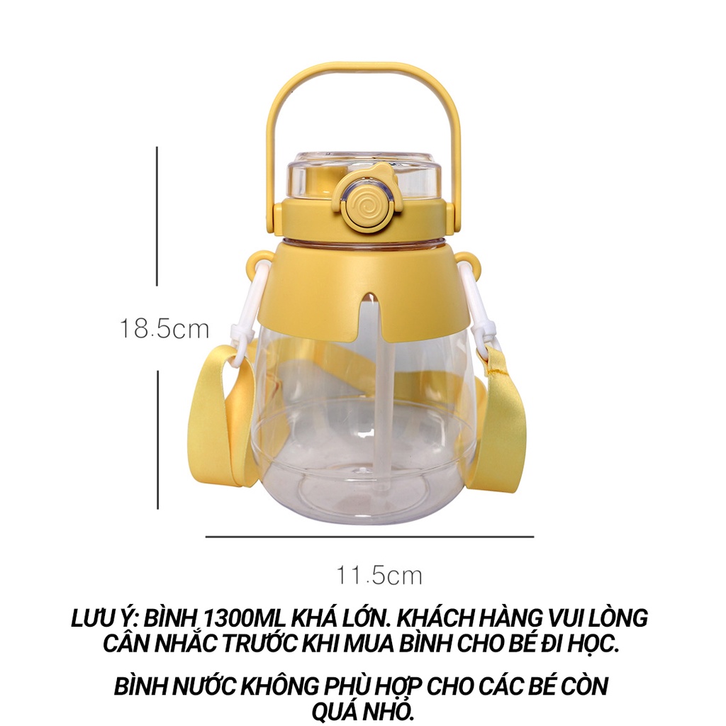 Bình nước cute dễ thương có ống hút 1300ml cho bé đi học tặng kèm sticker FITEZY HCM