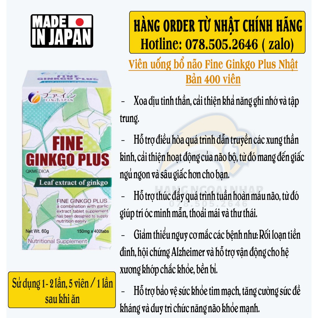 Fine Ginkgo Plus 400 Viên - Viên Uống Bổ Não Tăng Cường Trí Nhớ Từ Nhật Bản