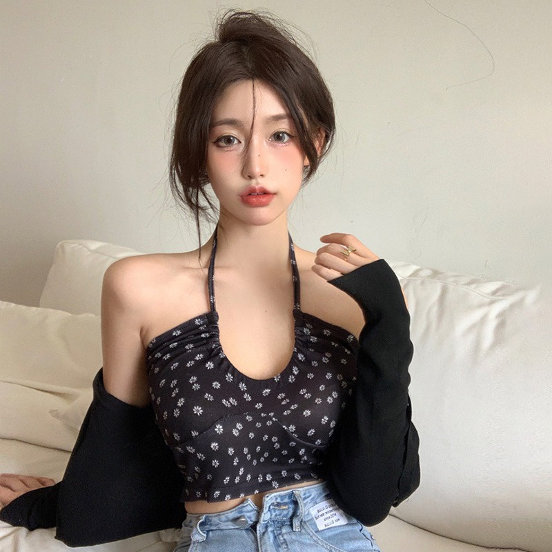 Áo Croptop Hai Dây Hở Lưng In Họa Tiết Hoa Phong Cách Hàn Quốc Quyến Rũ Dành Cho Nữ