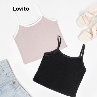 Áo hai dây Lovito L00008 len gân không tay dáng ôm viền trơn tương phản màu xanh lá/ hồng/ trắng/ đen tùy chọn