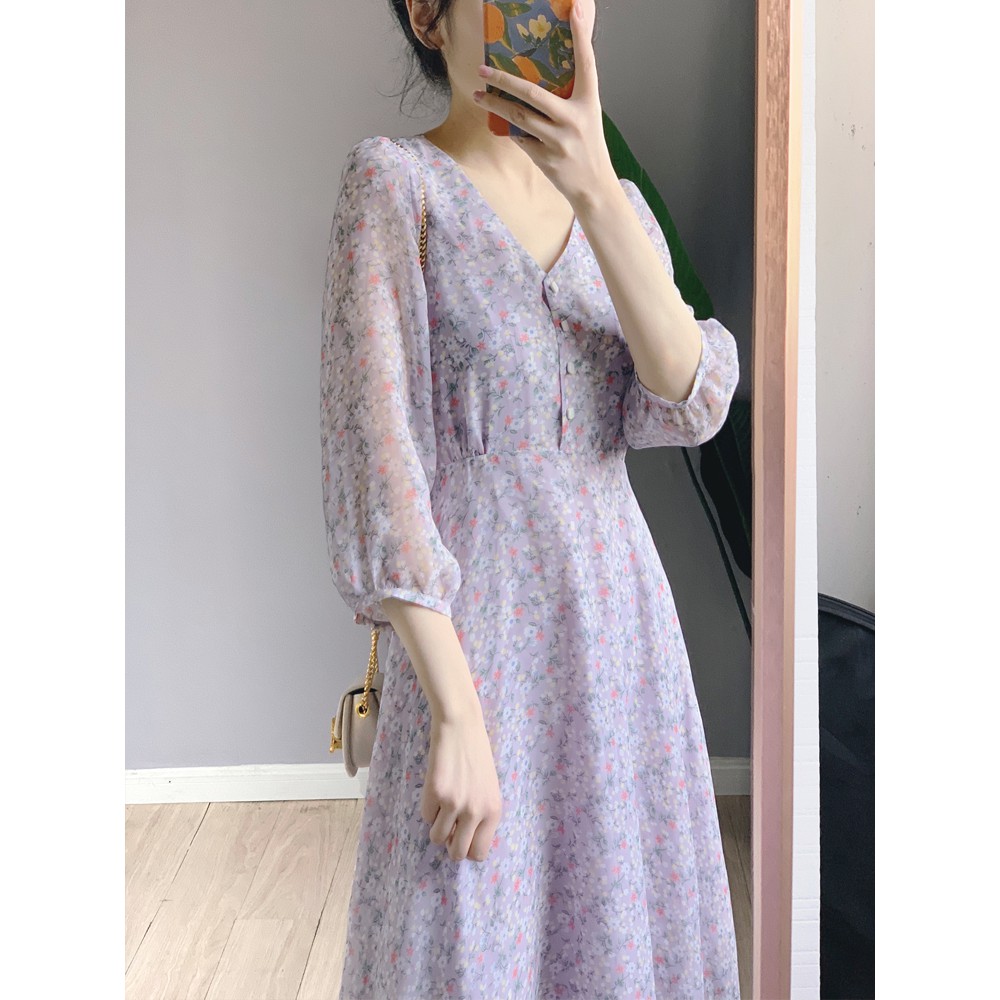 Váy voan hoa nhí màu tím Pastel nhẹ nhàng tiểu thư dáng dài tay lỡ