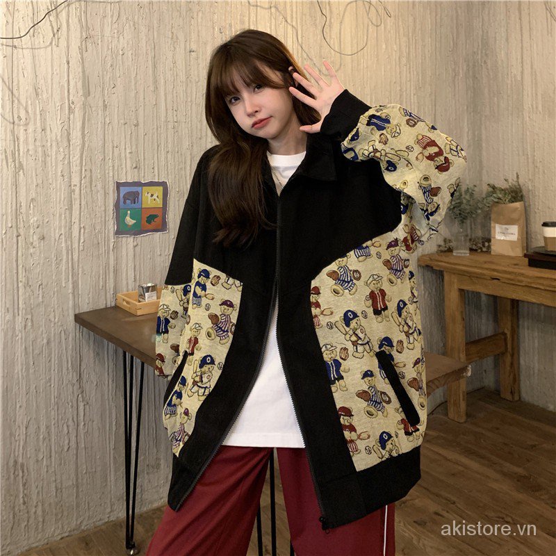 M-2XL Bigsize 95kg Áo khoác bóng chày nữ form rộng thời trang unisex hàn quốc áo bomber nữ bigsize họa tiết gấu phong cách đi chơi đi học 2AB8