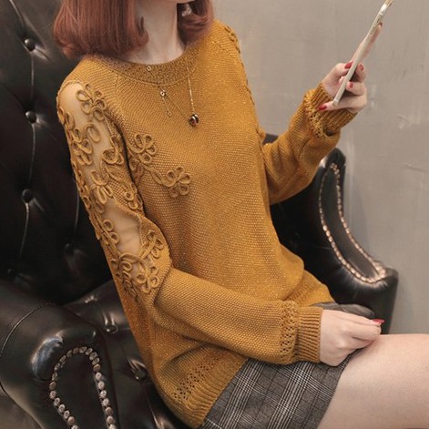 Áo len mỏng nữ, áo len nữ dài tay vai ren hoa, chất len mềm mỏng, hàng nhập Quảng Châu