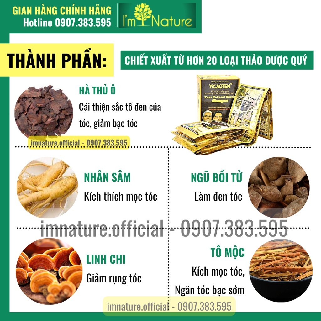 10 Gói Gội Nhuộm Đen Tóc Phủ Bạc Gội Là Đen Yicaoten (30gr x 10 gói/ hộp)