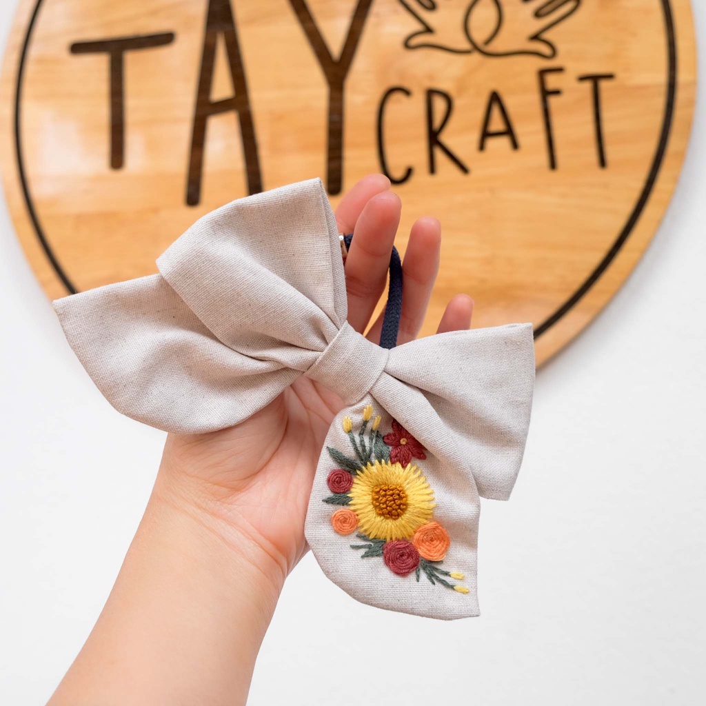 Nơ buộc tóc linen thêu tay thủ công họa tiết hoa xinh xắn; Cột tóc nơ handmade