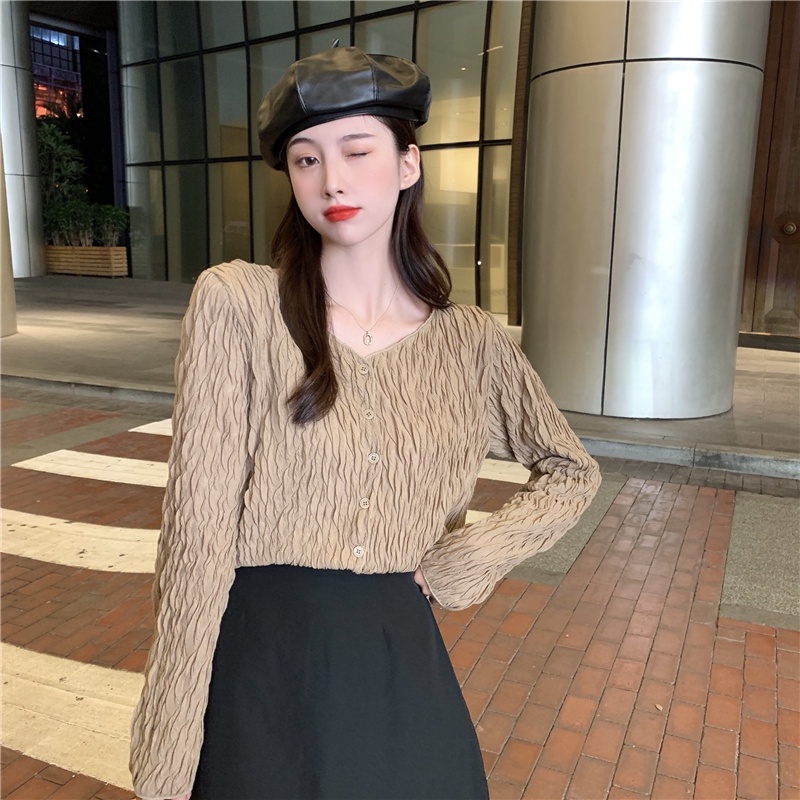 QKOOLE  Áo nữ tay dài cổ chữ V phong cách Hàn Quốc