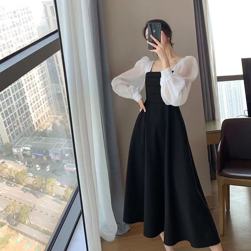 Đầm Lưới Cổ Vuông Tay Dài Màu Đen Phong Cách Pháp Cổ Điển Quyến Rũ Dành Cho Nữ váy nữ bigsize dự tiệc