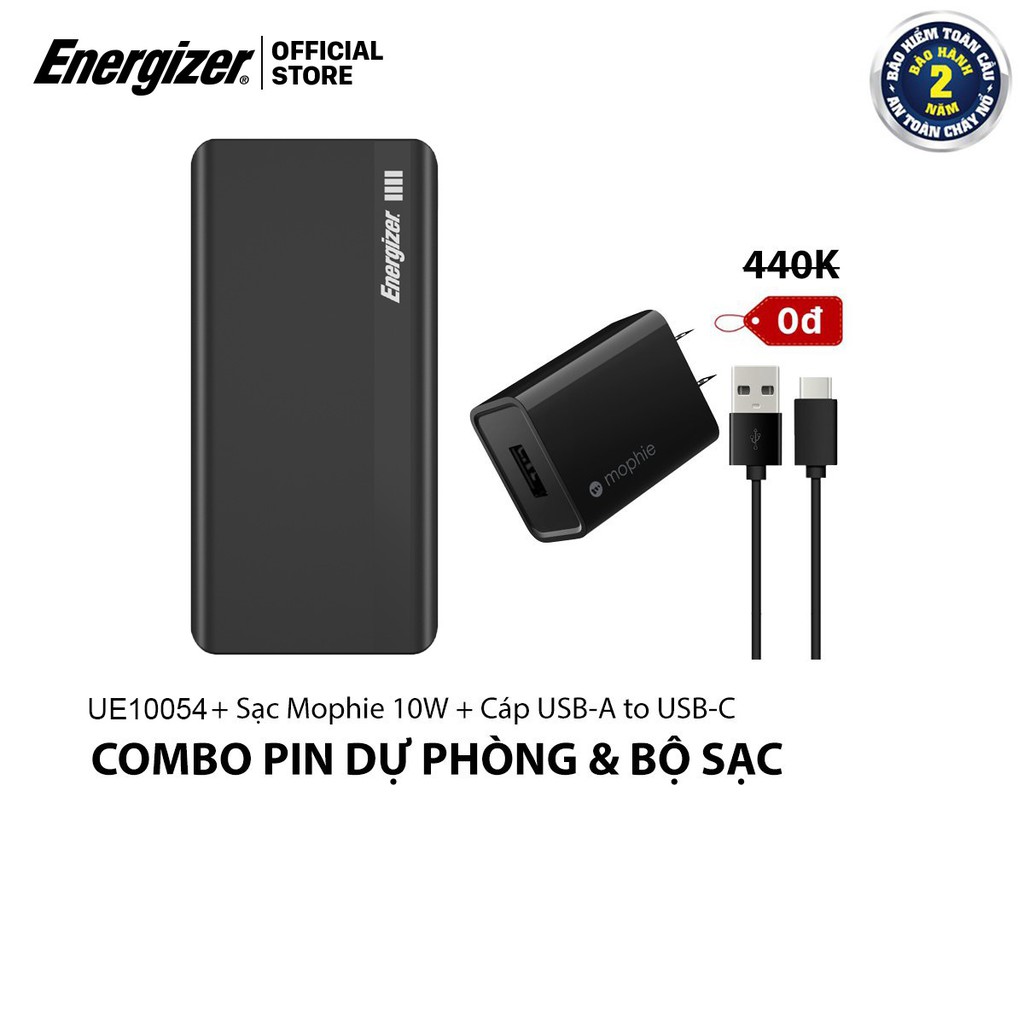 Combo pin dự phòng Energizer 10000mAh UE10054 kèm cáp USB - C + Cốc sạc Mophie 10W - Hàng chính hãng