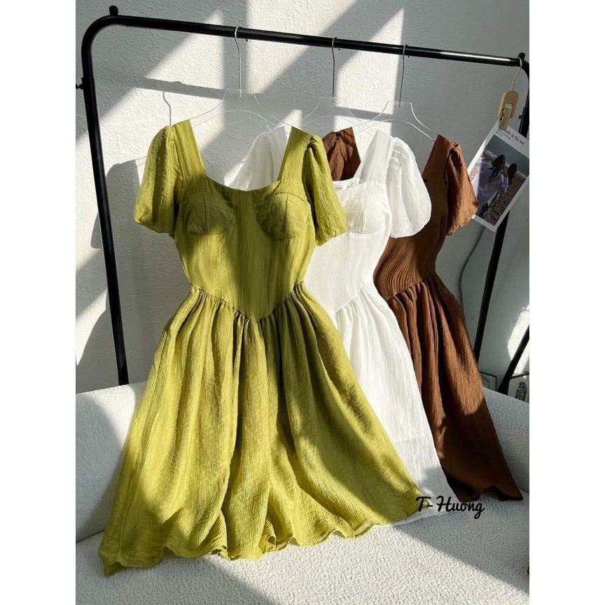 Váy thiết kế nữ tay bồng chất đũi hàng 2 lớp có cúp ngực tiểu thư bánh bèo siêu xinhI Trần Hân Shop 3007458