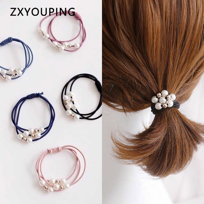 Dây buộc tóc cao su nhiều lớp đính ngọc trai đơn giản thời trang phong cách Hàn Quốc