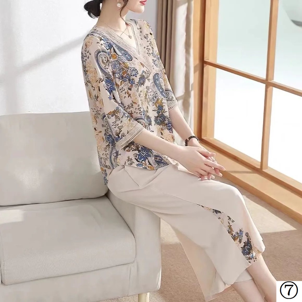 Set Áo Sơ Mi Ngắn Tay + Quần Short Thời Trang Mùa Hè Cho Phụ Nữ Trung Niên