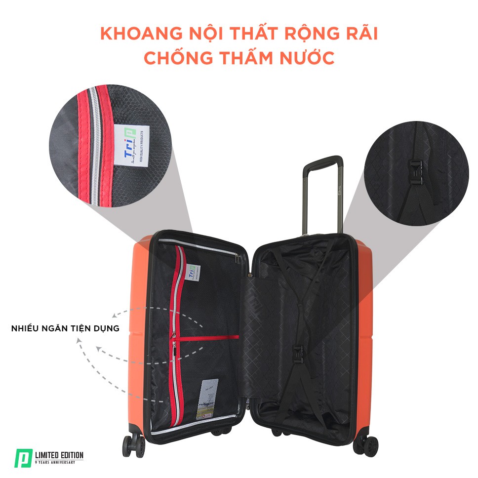 [Mã LT150 giảm 150k đơn 699k] Vali nhựa chống bể TRIP PP915 Size 20inch bảo hành 5 năm, 1 đổi 1 năm đầu tiên