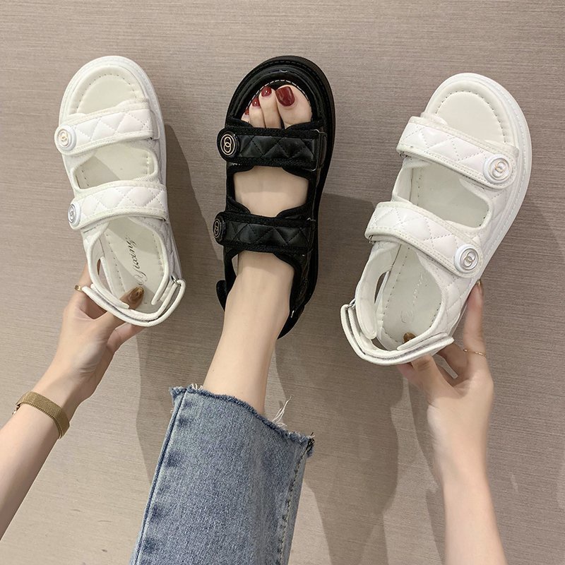 Chanel style sandals women's 2022 summer new fairy style hook and loop thick-soled beach shoes student flat-soled women's shoes foreign trade R4MF