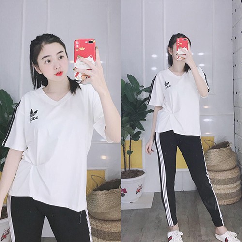 Đồ bộ nữ đẹp, đồ bộ mặc nhà cotton Adidas quần dài tay ngắn - Chất liệu thun co giãn 4 chiều thoáng mát DB03 - Anquachi