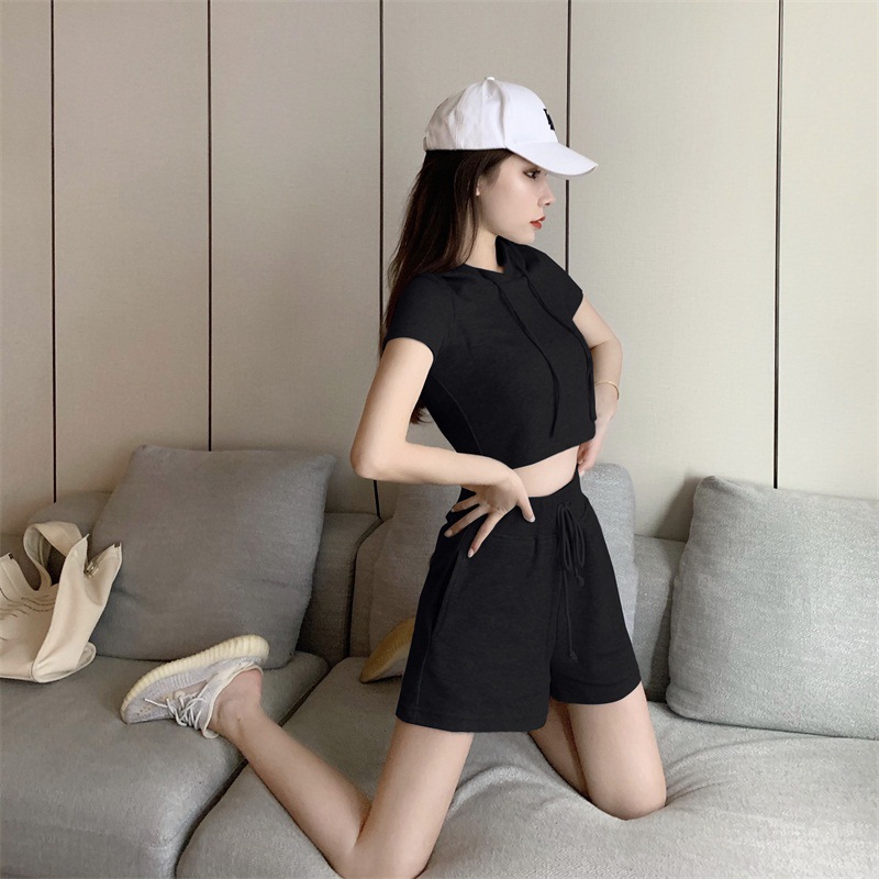 IELGY Bộ Áo hoodie Ngắn Tay + Quần short Thể Thao Thời Trang Mùa Hè Cho Nữ