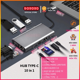 Hub type C 10 in 1 Thunderbolt 3 sang USB 3.0 HDMI VGA RJ45 Type C SD TF Jack 3.5 cho Laptop - Bộ chuyển đổi Type C
