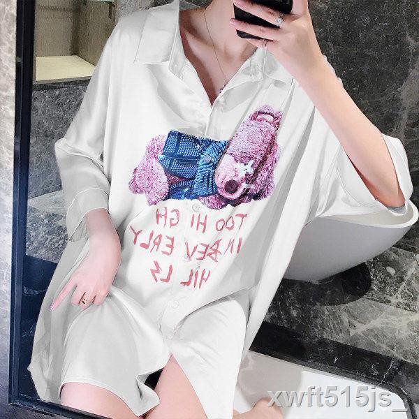 pyjama nữ lụa băng gợi cảm vẻ đẹp trắng lạnh trong gió buông lỏng bạn trai áo sơ mi dài trung ngủ aW