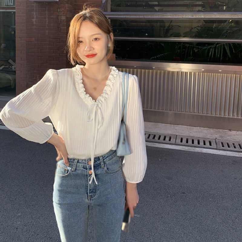 Áo sơ mi tay dài cổ chữ V màu sắc ngọt ngào phong cách Hàn Quốc thời trang cho nữ