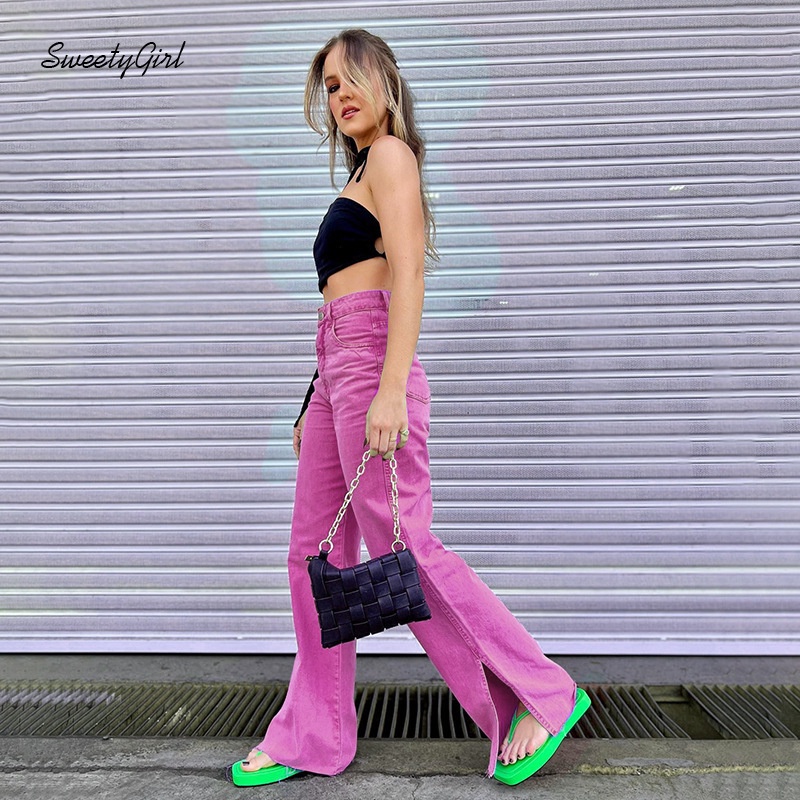 Quần Dài Ống Đứng Xẻ Tà Lưng Cao Màu Trơn 2022 Thời Trang Cho Nữ