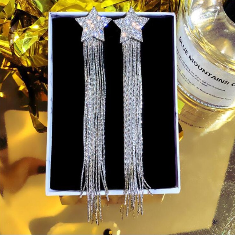 Bông Tai Dáng Dài Hình Ngôi Sao Năm Cánh Đính Đá Phối Tua Rua Thời Trang Sang Trọng Cho Nữ