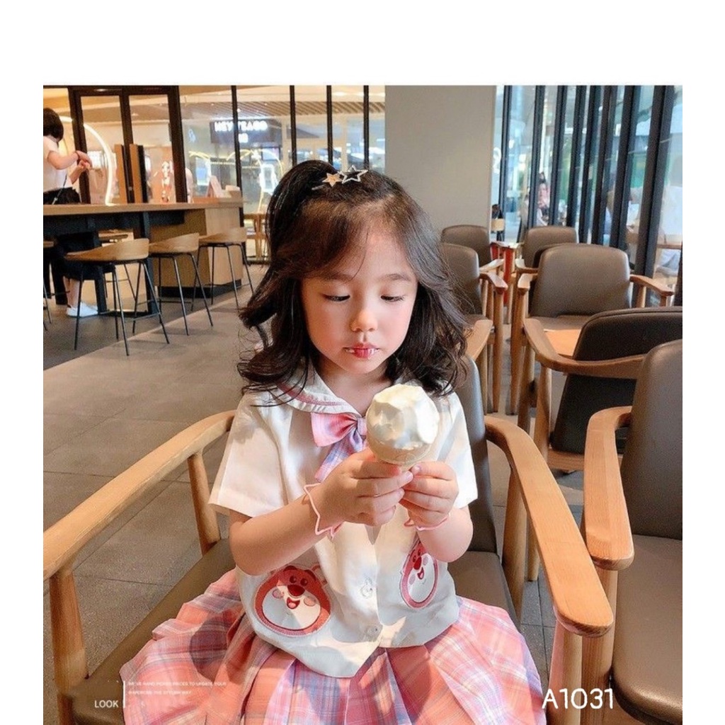 Sét váy xếp ly màu hồng và áo đũi trắng đi học đi chơi đều đẹp nha các mẹ cho bé từ 18-35kg