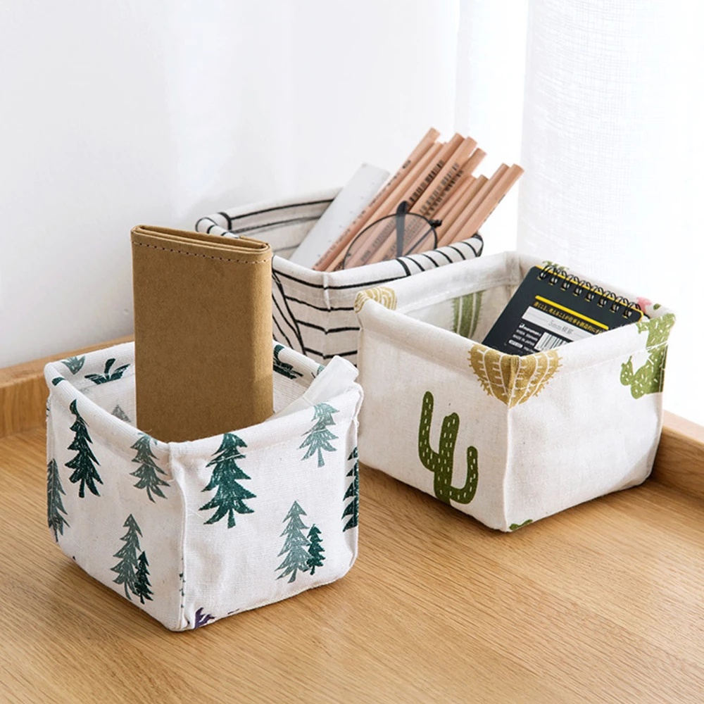 Foldable Desktop Makeup Stationery Sundries Cotton Linen Storage Box
