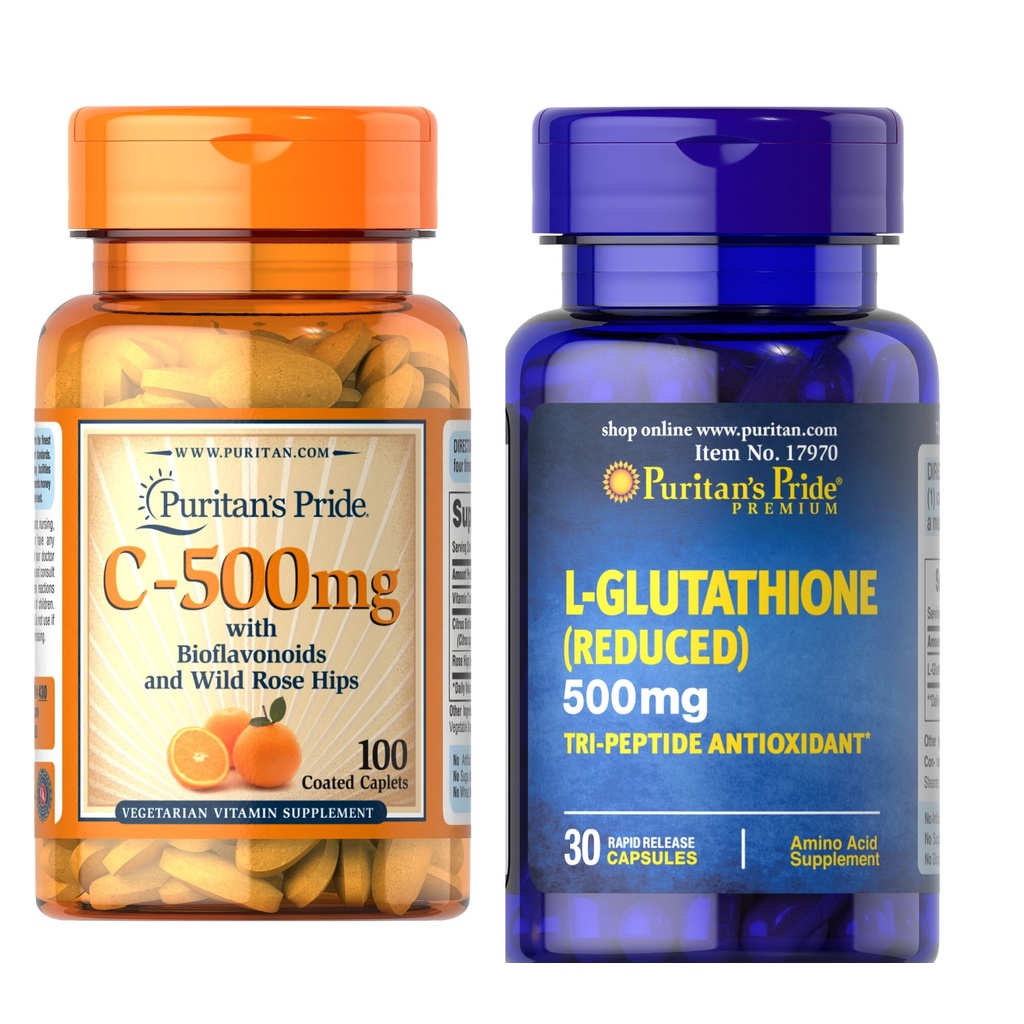 Combo ngừa lão hóa, tăng cường miễn dịch, làm trắng da Puritan's Pride L-Glutathione 500mg 30v và vitamin C 500mg 100v