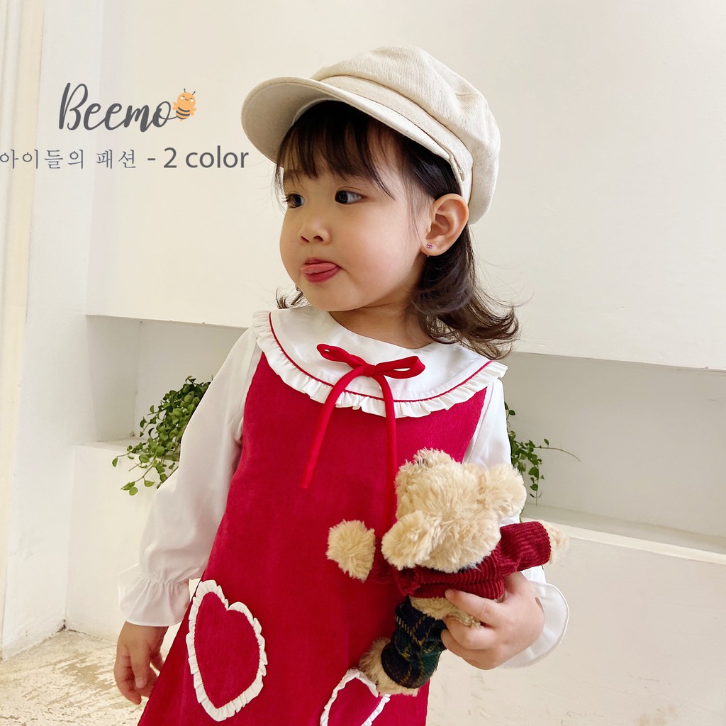 Set yếm bé gái BEEMO, Áo thô sơ mi, Váy nhung tăm mềm mịn, Có thể tách rời B023