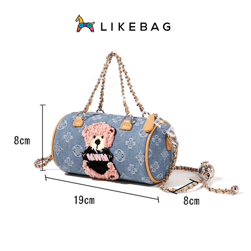 Túi đeo chéo nữ hình trống LIKEBAG thêu gấu dễ thương phối quai xách xích 223XK6102 - LIBAGI