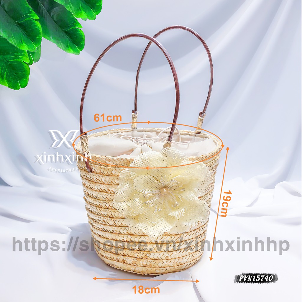 Túi cói đi biển hoa trà cỡ trung xinh xắn dễ thương - Xinh Xinh Accessories