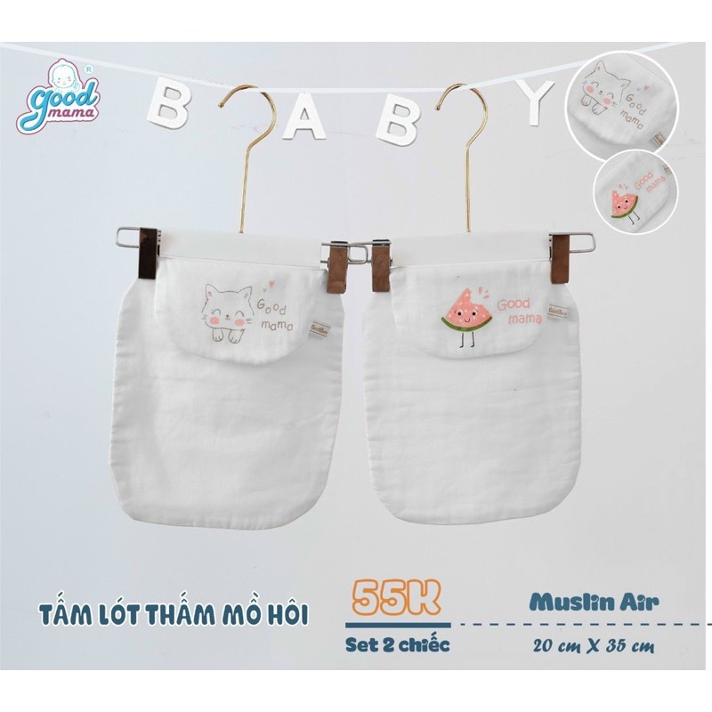 Miếng lót mồ hôi lưng cho bé Goodmama 6 lớp Muslin thông thoáng, mềm mại an toàn cho da bé SET 2 cái kích thước 20*35cm