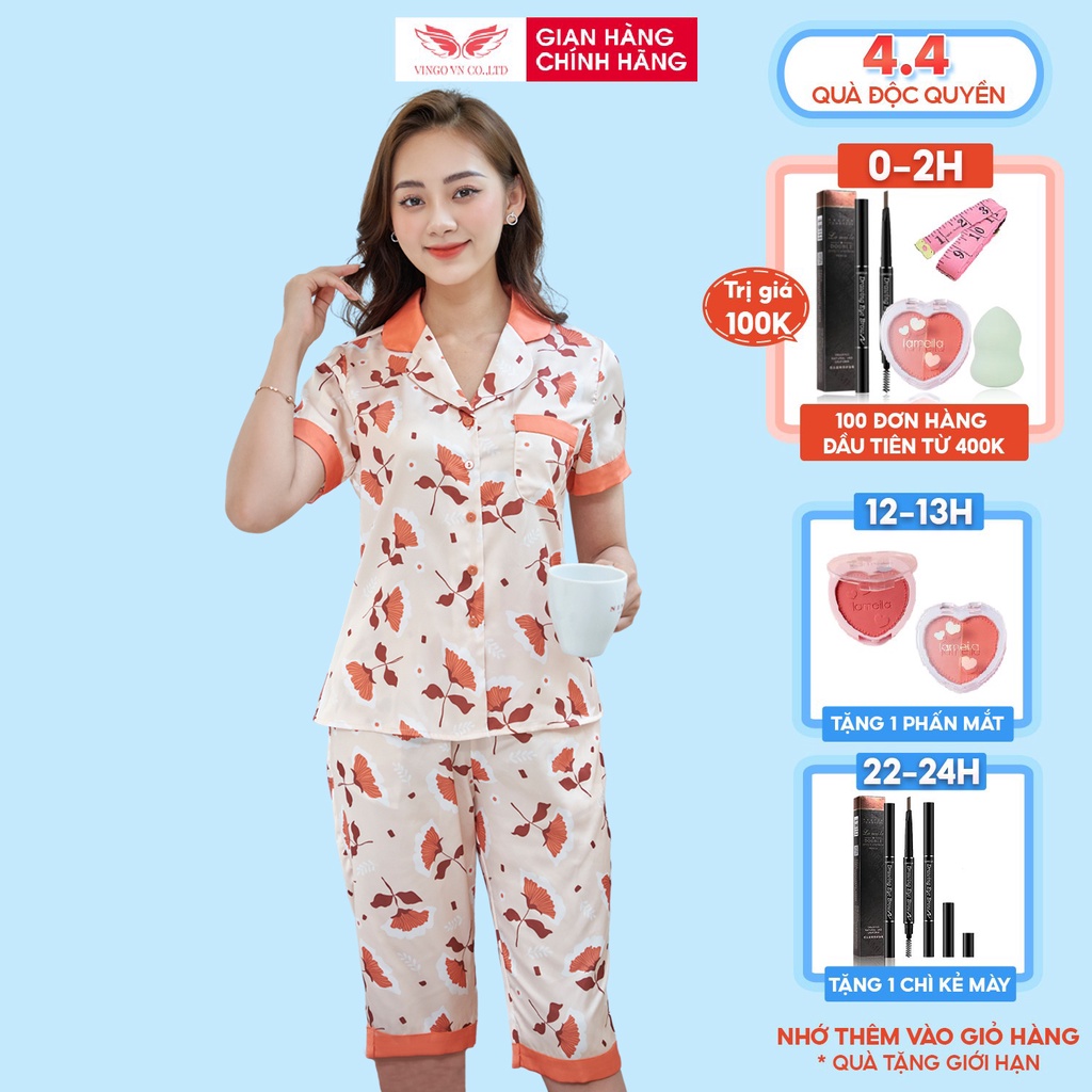 Đồ bộ nữ mặc nhà pijama lụa Pháp mềm mát VINGO thiết kế tay cộc quần lửng họa tiết hoa cúc tinh tế mặc mùa hè H471 VNGO