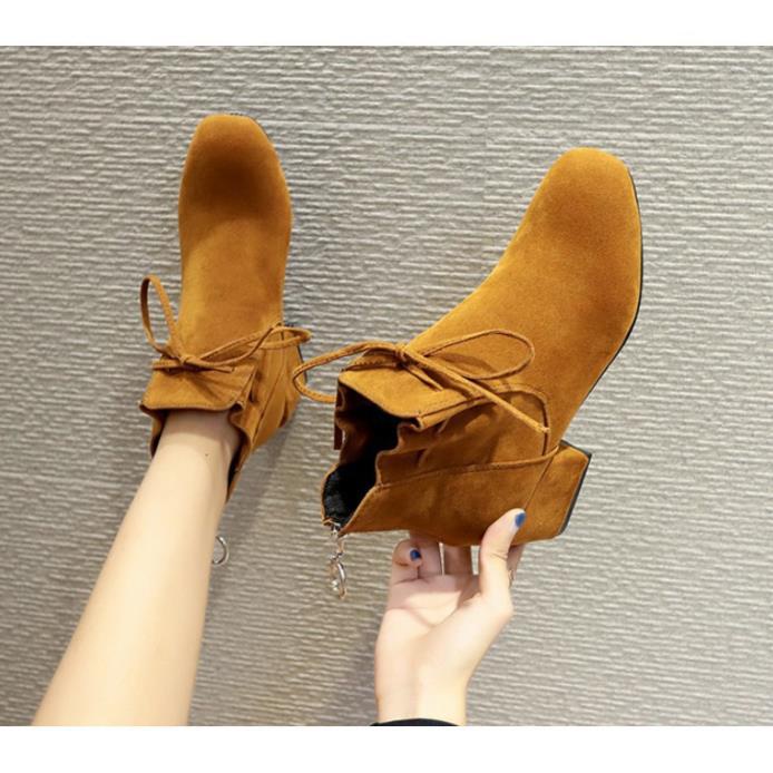 Giày Da Lộn Đế Vuông Hàn Quốc S005/ Giày Da Lộn Thắt Nơ Xinh/ Giày Xinh /Bốt Da Lộn/Giày Cao Cổ ML