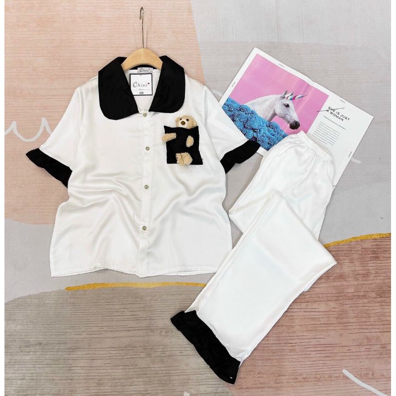 Bộ mặc nhà Bộ pijama cổ sen Pijama tay ngắn quần dài Bộ pijama lụa satin