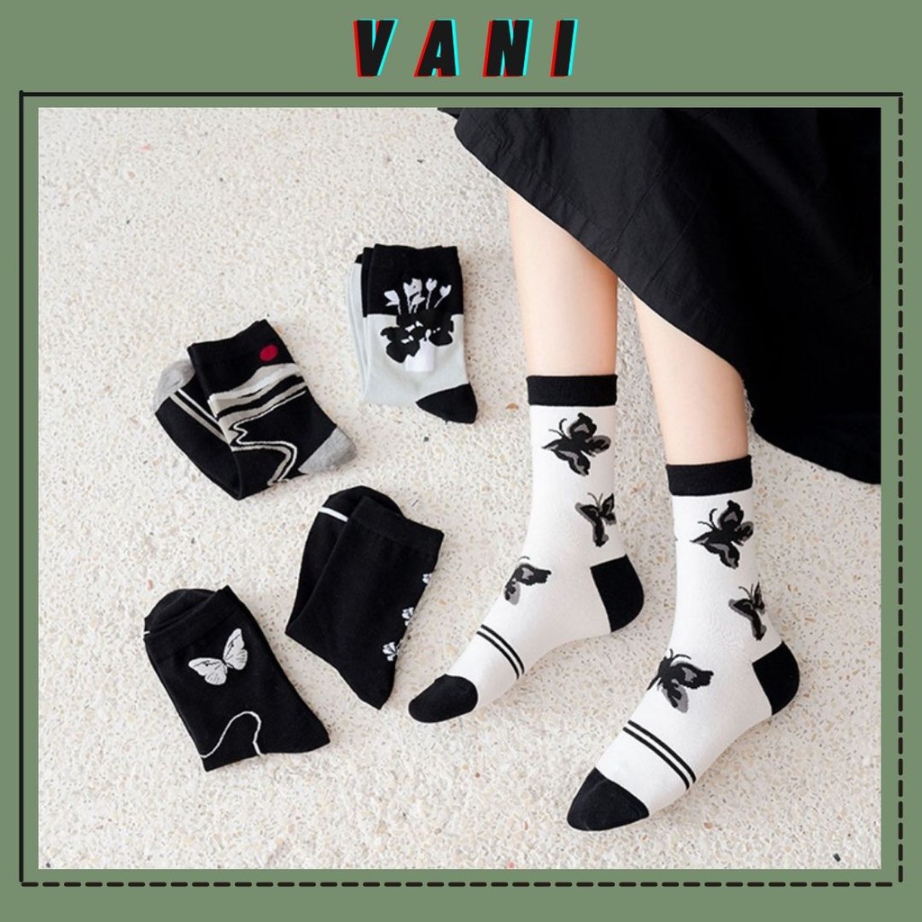 Tất, Vớ Nam Nữ Gân Tăm Họa Tiết Trắng Đen Phối Hình Bướm Unisex - Vani Store [TAT00108]