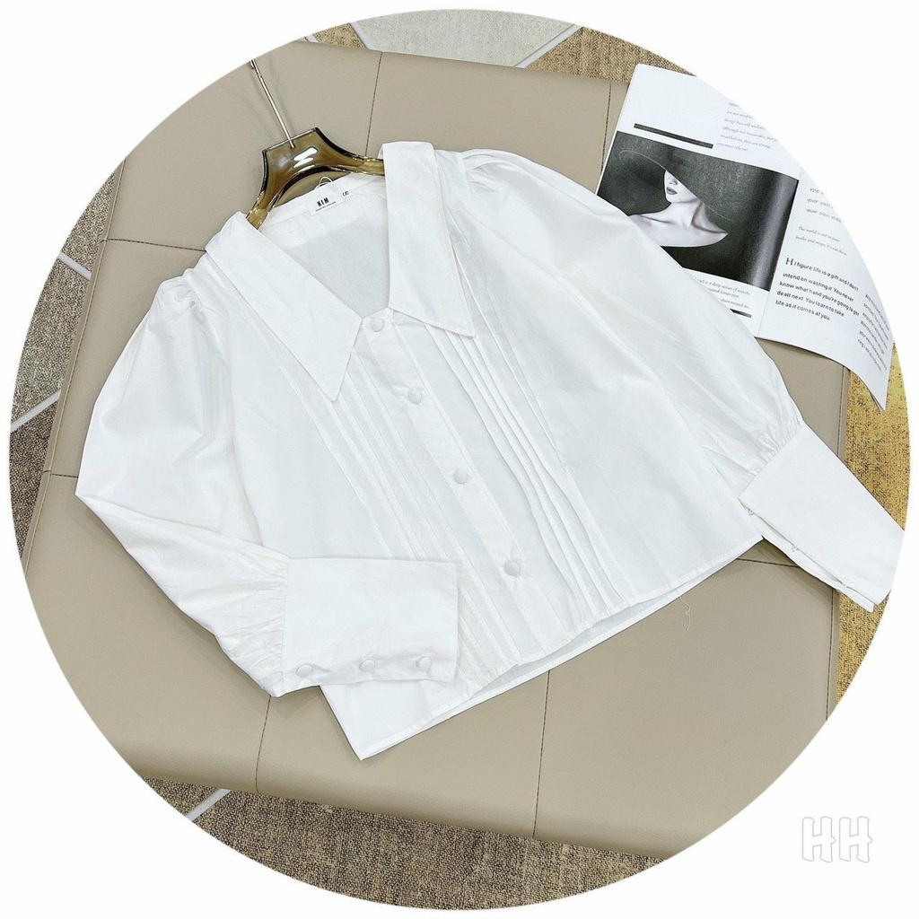 Áo sơ mi trắng gân viền cổ lá khuy dáng ngắn