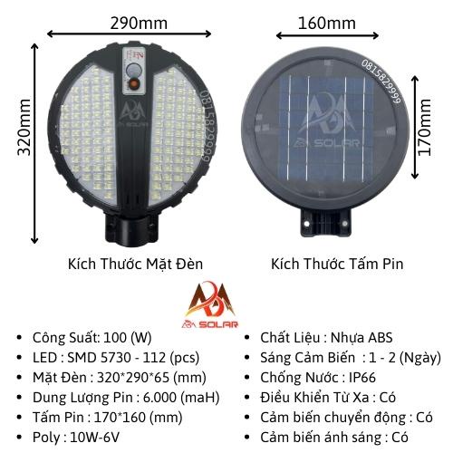 [100W]Đèn Năng Lượng Mặt Trời Liền Thể Tròn Tích Điện Tấm Pin, Chống Nước IP66,Cảm Biến Chuyển Động ,LED Siêu Sáng - ABM
