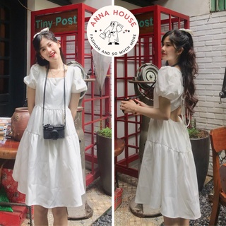  Váy trắng cổ vuông ngắn 2 tầng cộc tay bồng hở lưng buộc dây nơ Váy trắng xòe ngắn tay bồng bềnh đi biển chun eo 