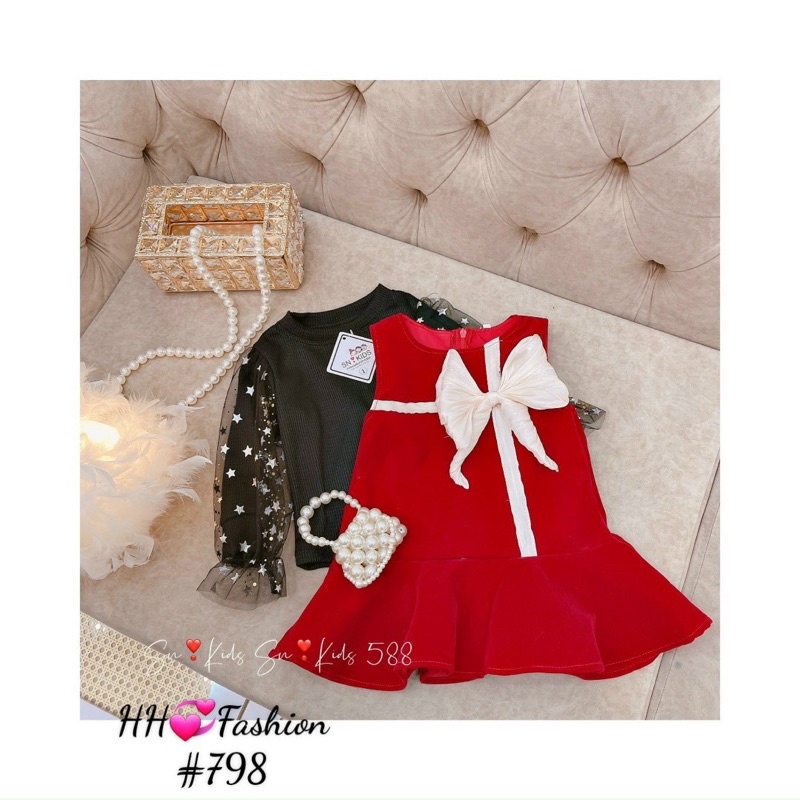 Set váy nhung đỏ kèm áo phối tay voan chất đẹp bé gái diện tết noel