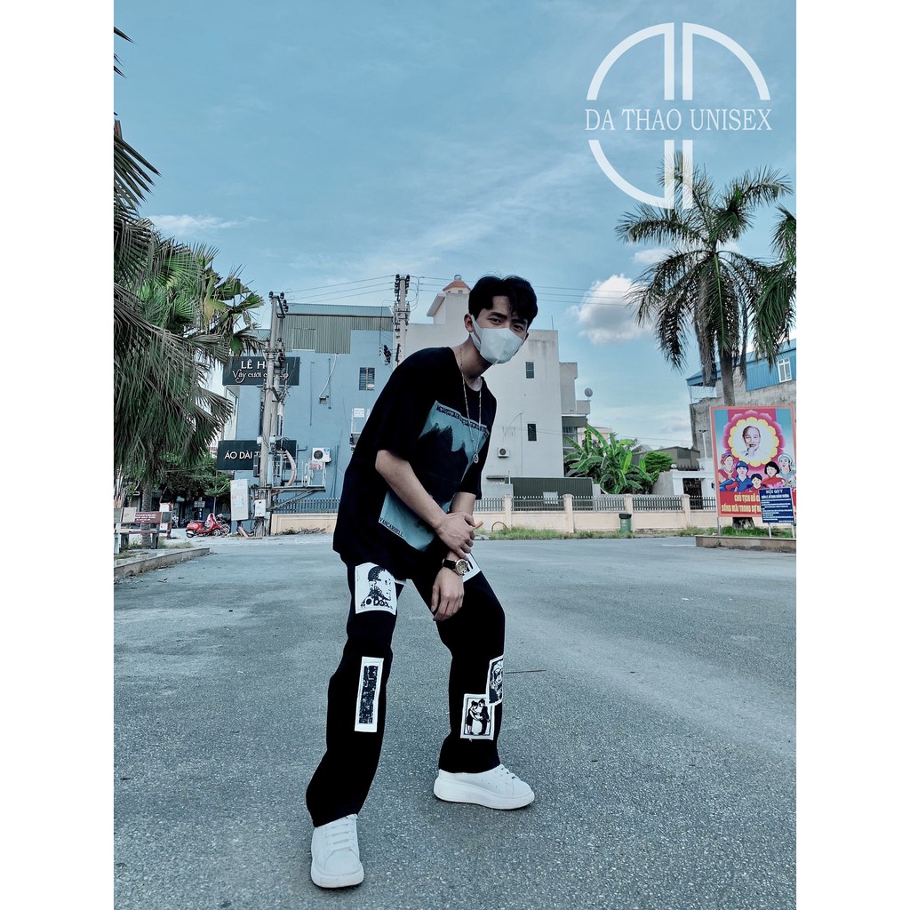 Quần Jeans ống rộng vá phong cách retro, quần dành cho nam nữ | BigBuy360 - bigbuy360.vn