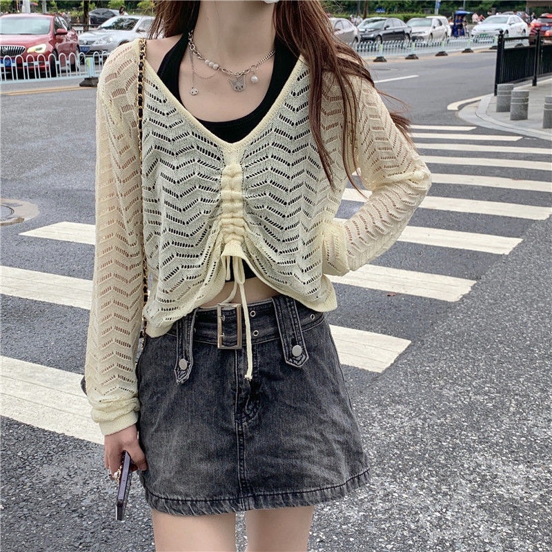 COZOK Áo Sweater Dệt Kim Tay Dài Cổ Chữ V Phối Dây Rút Thời Trang Trẻ Trung