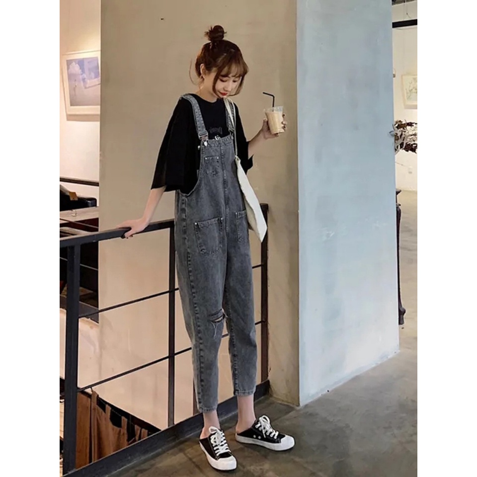 Set Yếm Jeans Vintage Phối Túi Trước mix Áo Thun Tay Lỡ Vải Lụa Mềm Ulzzang